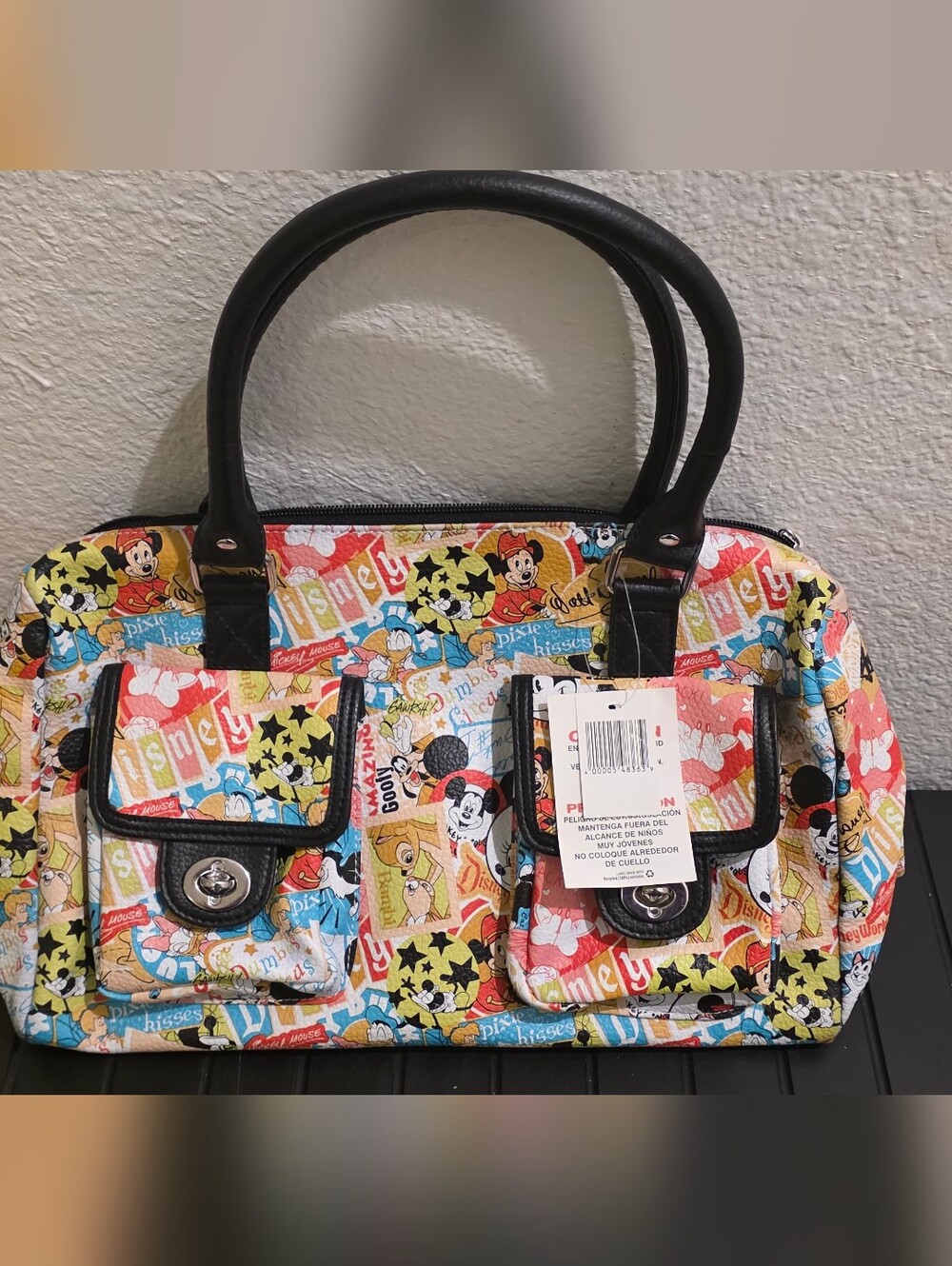 Colorful Disney Print Women's Satchel Bag - Black Trim